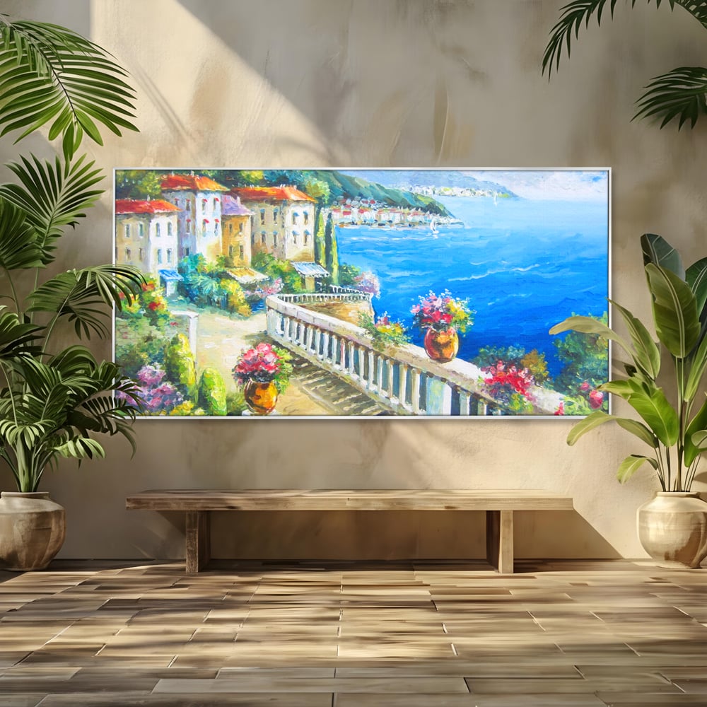 Tablou canvas cu pictura case pe malul marii, in rama de aluminiu argintiu